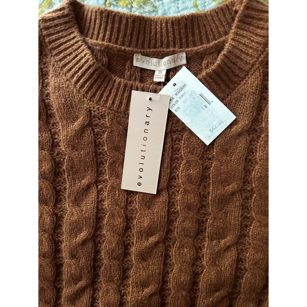 NWT Evolutionary Tobacco Long Sleeve Pullover Rib Crew Neck Cable Sweater-Med - Picture 3 of 12
